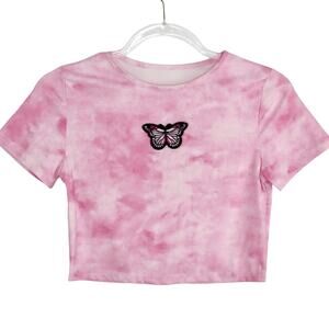 Verge Girl 8 Birdies Y2k Pink Tie Dye Embroidered Butterfly Crop Top Medium